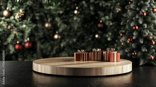 Christmas tree and decoration podium background for product presentation photo