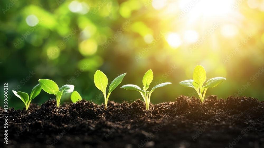 Young plants grow healthy in soil under bright sunlight Young plants grow healthy in soil under bright sunlight