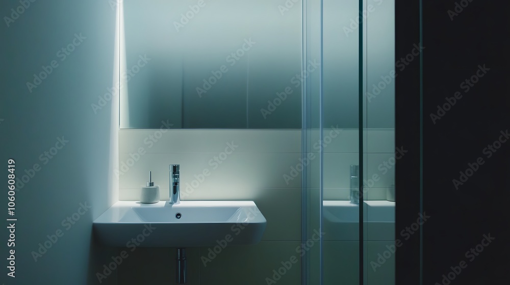 Portrait photo of a minimalist bathroom featuring a wall-mounted sink, simple glass shower door, and clean lines, 4k resolution Portrait photo of a minimalist bathroom featuring a wall-mounted sink, simple glass shower door, and clean lines, 4k resolution