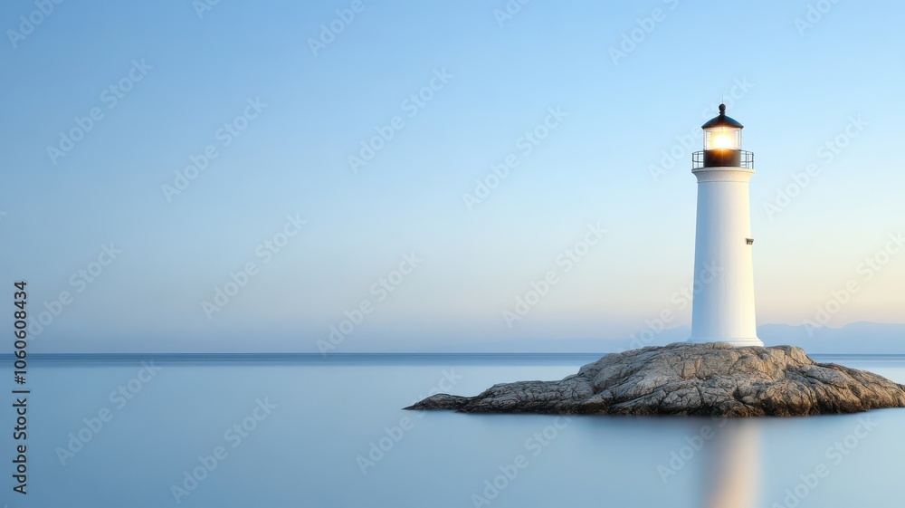 A serene lighthouse standing on a rocky shore, surrounded by tranquil waters under a clear blue sky, perfect for coastal photography. A serene lighthouse standing on a rocky shore, surrounded by tranquil waters under a clear blue sky, perfect for coastal photography.