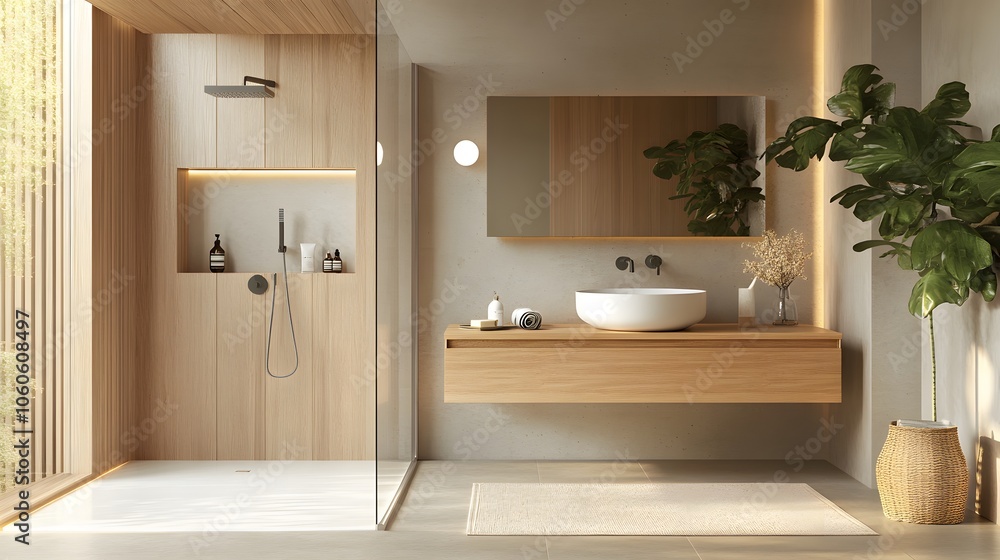 Portrait photo of a minimalist bathroom featuring a wall-mounted sink, simple glass shower door, and clean lines, 4k resolution Portrait photo of a minimalist bathroom featuring a wall-mounted sink, simple glass shower door, and clean lines, 4k resolution
