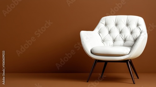 A sophisticated white tufted chair with distinctive black metal legs, set against a warm brown backdrop, adding a touch of elegance to any setting. photo