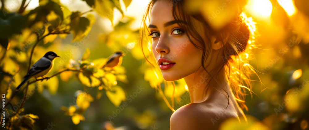 woman gazing through a golden forest woman gazing through a golden forest