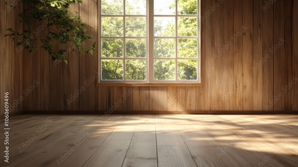 A spacious room with sunlit wooden walls and flooring, features a large window framed by greenery, casting playful shadows on the wooden interior surface. A spacious room with sunlit wooden walls and flooring, features a large window framed by greenery, casting playful shadows on the wooden interior surface.
