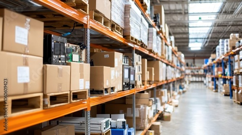 Warehouse shelves lined with electronics boxes, hinting at technology storage, tech warehouse, electronic storage