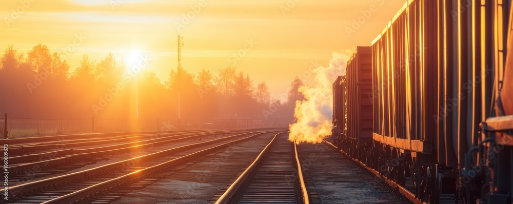 A serene sunset over train tracks, with steam rising from a passing freight car, evoking a sense of journey and adventure. A serene sunset over train tracks, with steam rising from a passing freight car, evoking a sense of journey and adventure.