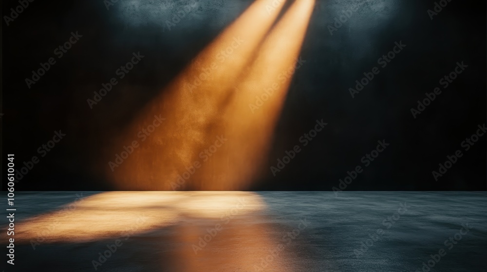 A dramatic setting with spotlight beams illuminating a dark industrial floor, creating a mysterious and theatrical atmosphere with rich shadows and textures. A dramatic setting with spotlight beams illuminating a dark industrial floor, creating a mysterious and theatrical atmosphere with rich shadows and textures.