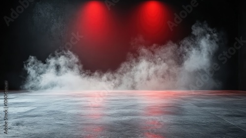 A stage with a glossy floor illuminated by two red spotlights, casting a dramatic glow amidst swirling fog that enhances the mysterious ambiance of the scene. photo