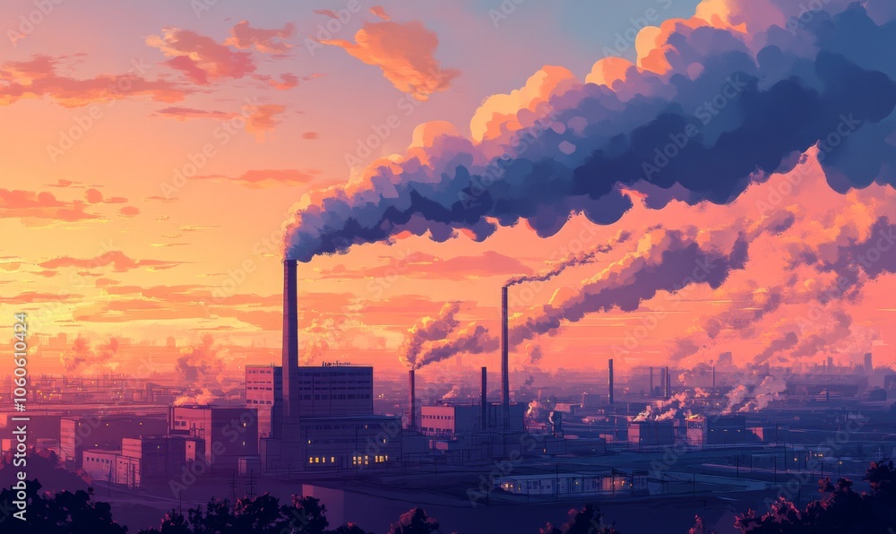 Industrial power plant with thick CO2 smoke from chimney. Pollution and carbon dioxide emissions footprint from fossil fuel burning. Global warming cause and urban environment problem from factories Industrial power plant with thick CO2 smoke from chimney. Pollution and carbon dioxide emissions footprint from fossil fuel burning. Global warming cause and urban environment problem from factories