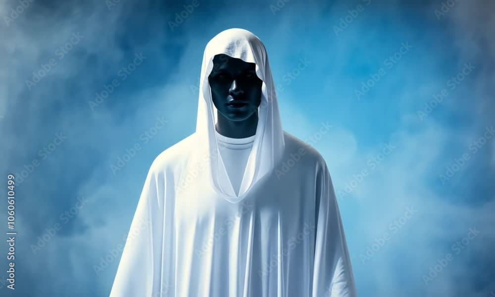 mysterious figure dressed in a flowing white cloak, appearing to float in a misty blue environment, evoking themes of spirituality, mystery, and the supernatural, with an ethereal and ghostly presence mysterious figure dressed in a flowing white cloak, appearing to float in a misty blue environment, evoking themes of spirituality, mystery, and the supernatural, with an ethereal and ghostly presence