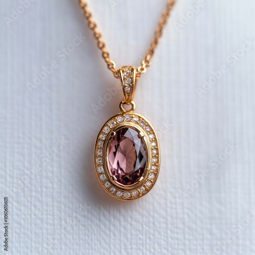 A close-up shot of a pink oval gemstone pendant necklace with a halo of sparkling diamonds set in gold.