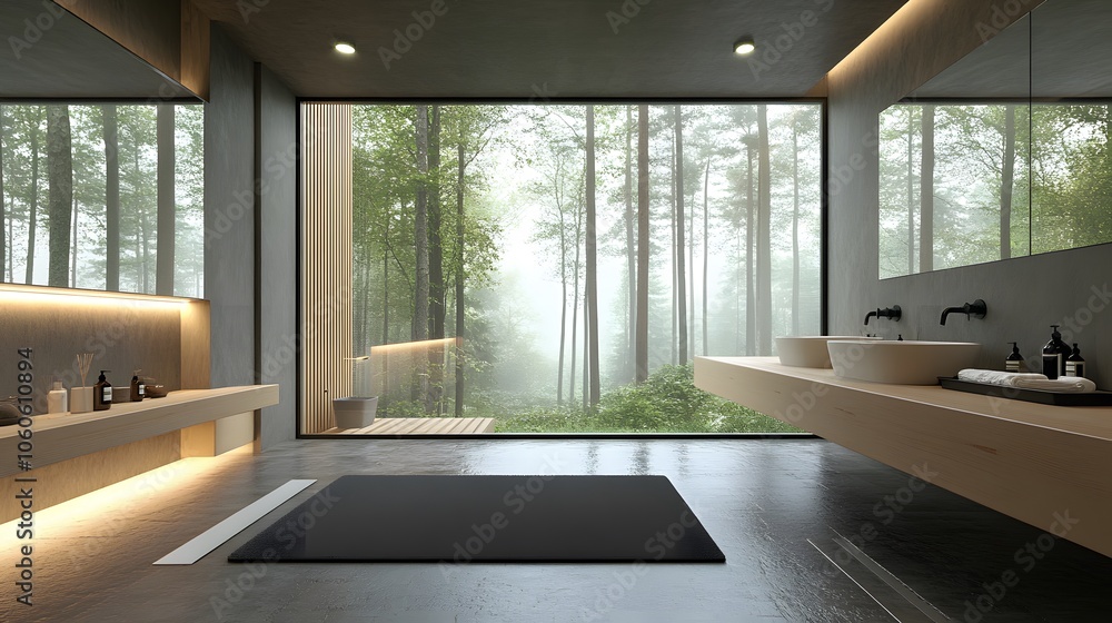 Candid photo of a spacious bathroom with a long countertop, large mirror, and minimalist decor, providing a clean look, 4k resolution Candid photo of a spacious bathroom with a long countertop, large mirror, and minimalist decor, providing a clean look, 4k resolution