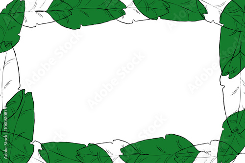 Hand drawn graphic leaves of tropical plants rectangle frame template for your text. Green rectangle horizontal floral frame with liana branches. Vector sketch. Space for text.