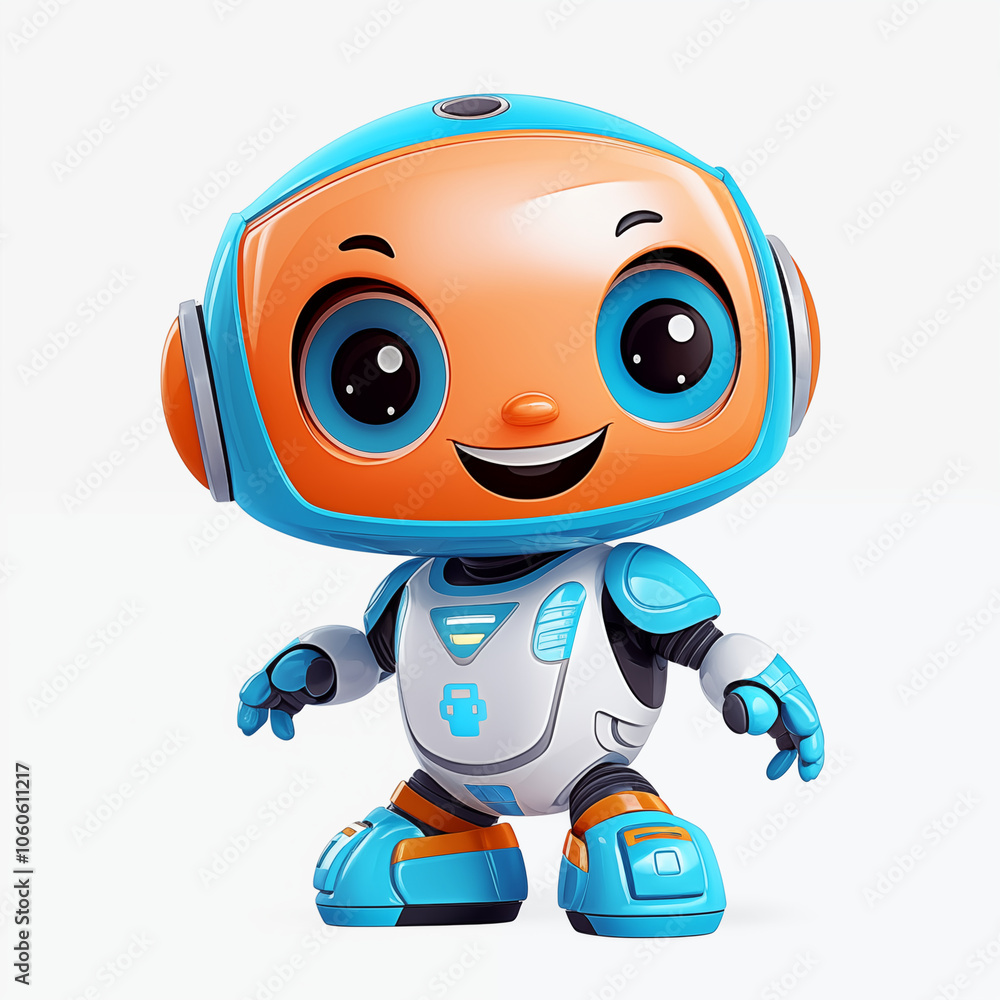The cartoon robot stands happily, sporting a bright orange head and blue accents The cartoon robot stands happily, sporting a bright orange head and blue accents