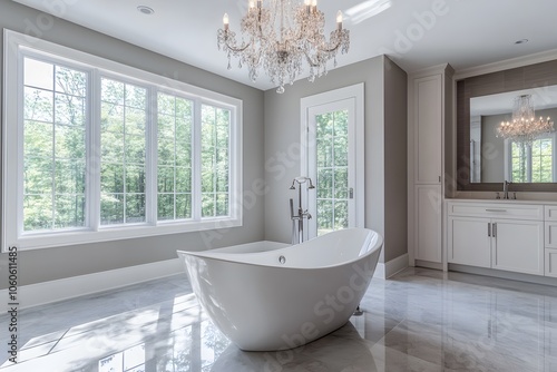 Portrait photo of a luxury bathroom with a standalone bathtub, chandelier lighting, and soft gray tones, 4k resolution photo