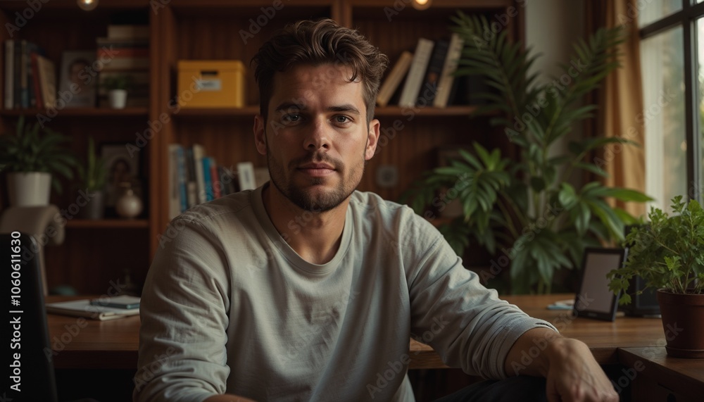 Obraz premium Young man with thoughtful expression sitting at desk in cozy home office with plants 