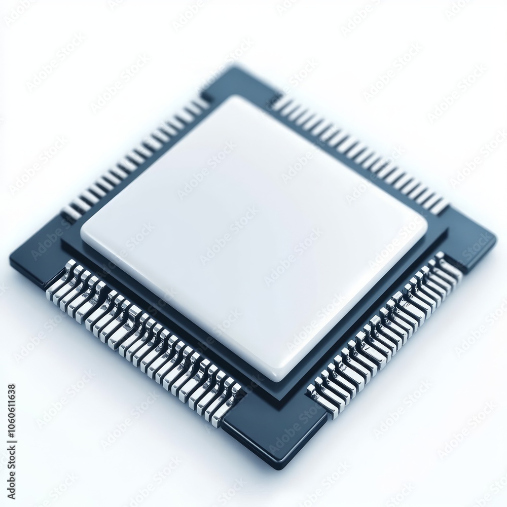 A close-up view of a silver computer microchip with black pins on a white background. A close-up view of a silver computer microchip with black pins on a white background.