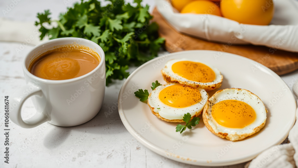 three sunny-side eggs with black pepper parsley three sunny-side eggs with black pepper parsley