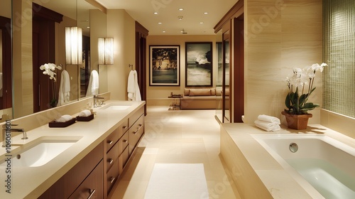 Candid photo of a large bathroom with double sinks, a sleek mirror, and well-organized counter space, clean and inviting, 4k resolution