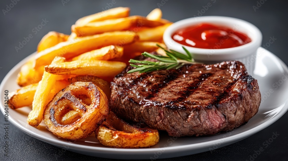 A delicious grilled steak served with crispy golden fries and a dip of tangy red sauce, arranged appealingly on a white plate, ideal for a hearty meal. A delicious grilled steak served with crispy golden fries and a dip of tangy red sauce, arranged appealingly on a white plate, ideal for a hearty meal.