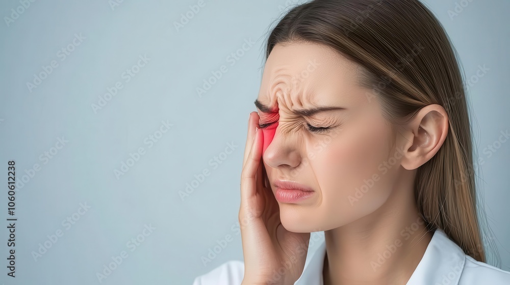 Woman resting head in hand, wincing from ear pain, sterile room, dealing with ringing Woman resting head in hand, wincing from ear pain, sterile room, dealing with ringing