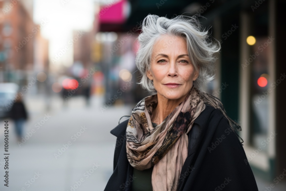 Portrait of senior woman in scarf walking in city. Focus on woman Portrait of senior woman in scarf walking in city. Focus on woman