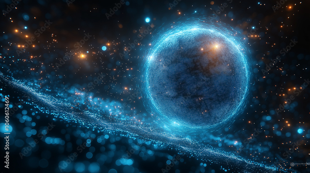 Obraz premium A blue sphere with a bright orange center is surrounded by a galaxy of stars