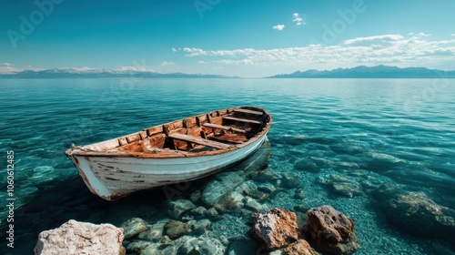 An old, rustic rowboat peacefully floats on the crystal-clear turquoise waters beneath a wide blue sky, creating a sense of nostalgia and adventure. photo