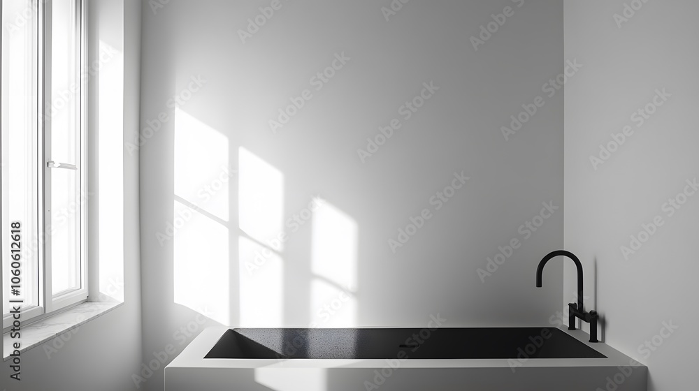 Portrait photo of a minimalist bathroom with black fixtures against a white wall, emphasizing contrast and clean design, 4k resolution Portrait photo of a minimalist bathroom with black fixtures against a white wall, emphasizing contrast and clean design, 4k resolution