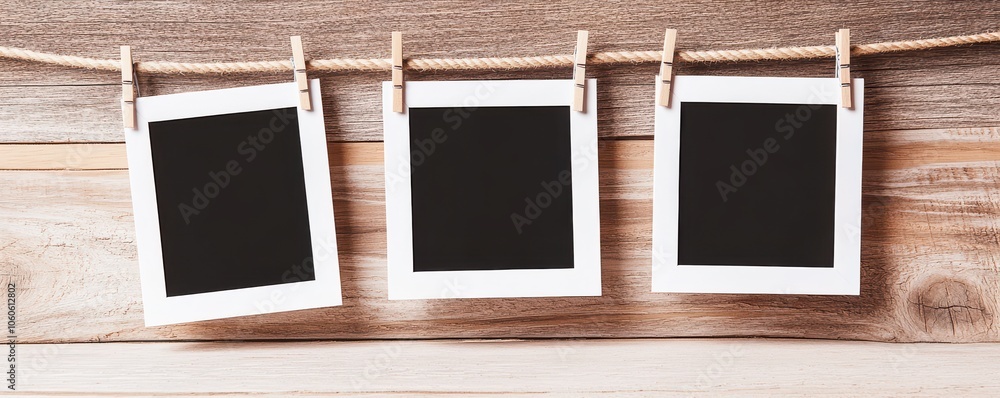 Empty photo frames hanging on a rustic wooden background, perfect for showcasing memories and creative projects. Empty photo frames hanging on a rustic wooden background, perfect for showcasing memories and creative projects.
