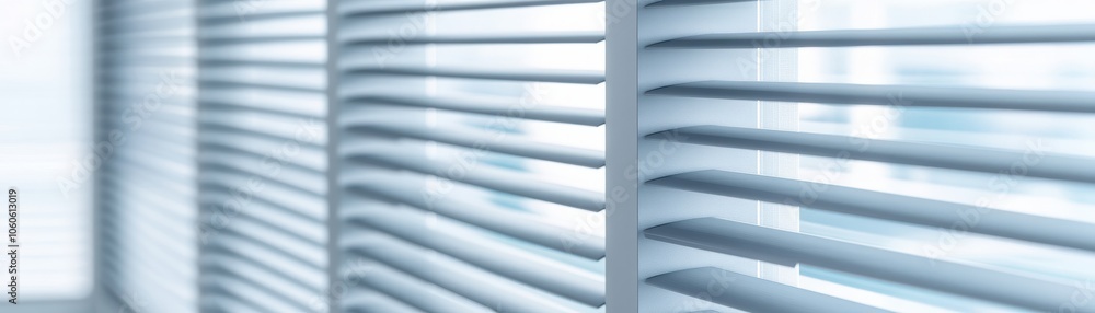 Close-up of modern window blinds showcasing horizontal slats with soft light filtering through, creating a serene ambiance. Close-up of modern window blinds showcasing horizontal slats with soft light filtering through, creating a serene ambiance.