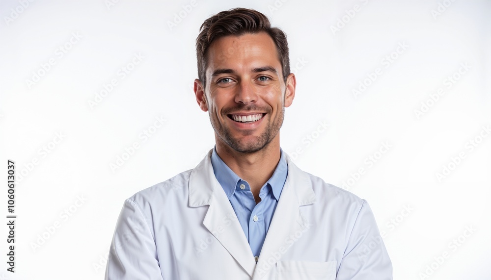 Smiling male doctor with friendly demeanor standing against white background in lab coat Smiling male doctor with friendly demeanor standing against white background in lab coat