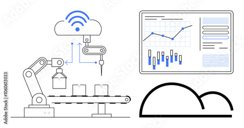 Industrial robotic arm assembling items on conveyor, cloud connectivity above showing network signals. Screen displays charts, graphs, and data insights. Ideal for manufacturing, IoT, automation, AI