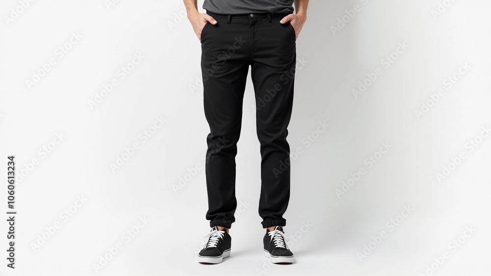 Classic black jeans displayed against a plain background.
Classic black jeans displayed against a plain background.