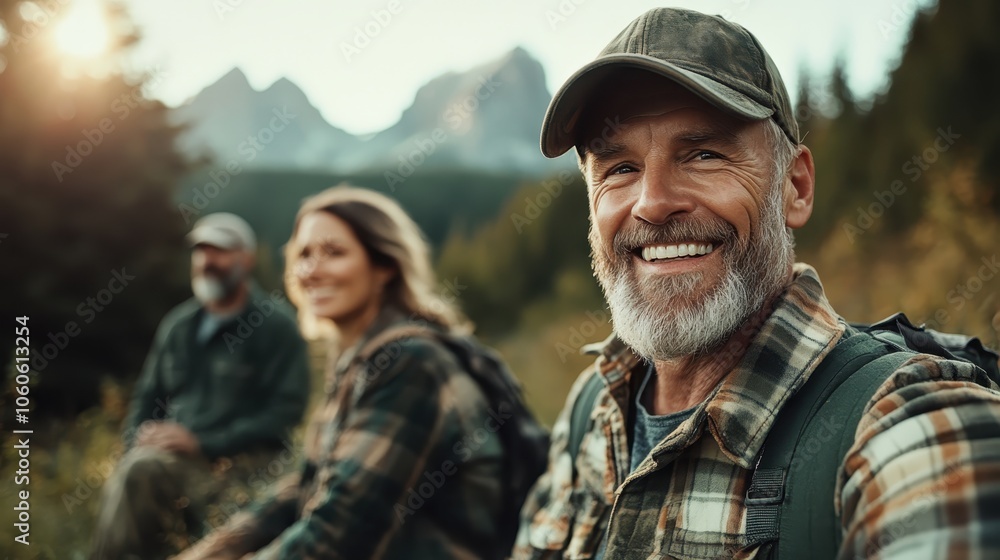 A joyful elderly man in a plaid shirt pauses with his friends, captured in a picturesque mountain scenery during sunset, symbolizing happiness and adventure outdoors. A joyful elderly man in a plaid shirt pauses with his friends, captured in a picturesque mountain scenery during sunset, symbolizing happiness and adventure outdoors.
