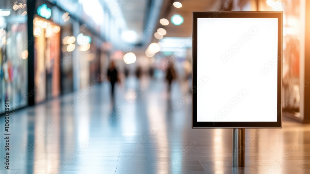 Blank advertisement board in a shopping mall, ideal for displaying promotional content or artwork in a commercial space. Blank advertisement board in a shopping mall, ideal for displaying promotional content or artwork in a commercial space.