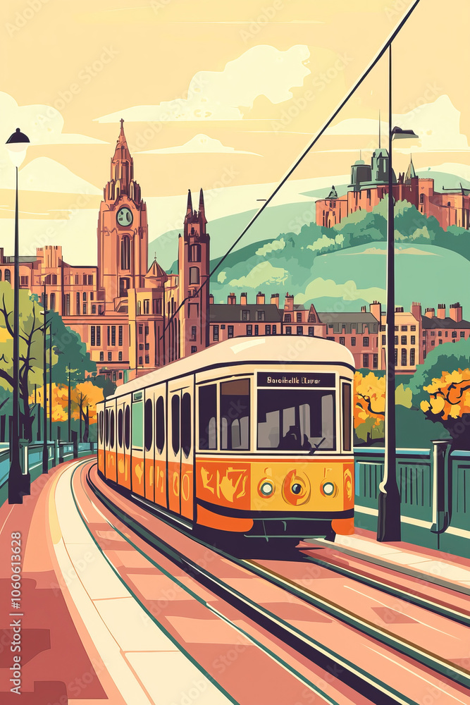 Naklejka premium Belfast, UK, french vintage Art Nouveau & Art Deco travel poster template. Cityscape and city skyline.Classic La Belle Epoque vichy art. Clear, simple, trendy