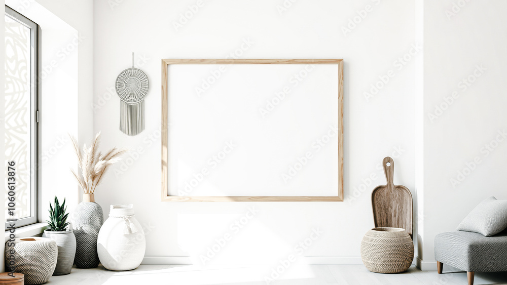 large wooden frame hangs on a white wall surrounded by woven wooden decor large wooden frame hangs on a white wall surrounded by woven wooden decor