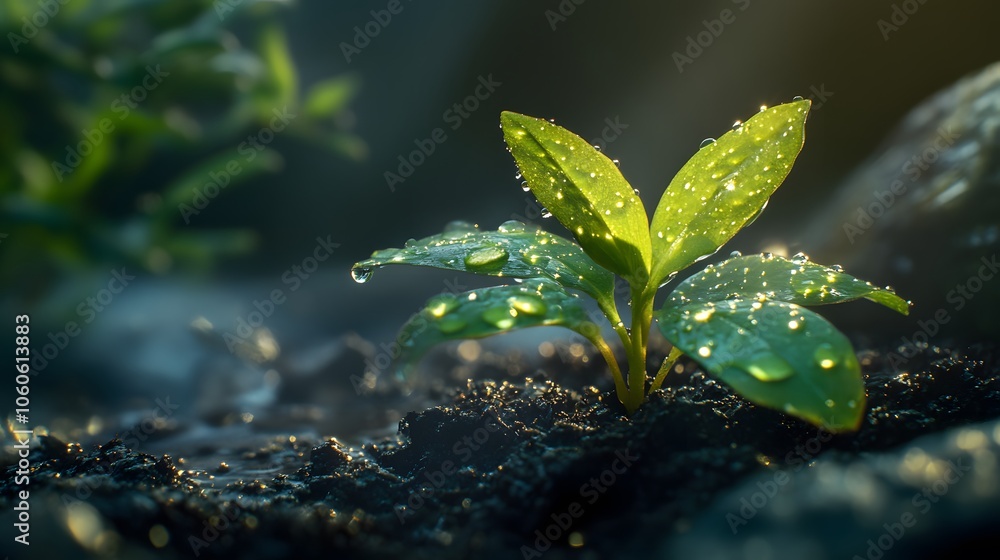 Young plant seedling being watered with sparkling water droplets, fresh green leaves, rich dark soil, and morning dew captured in a shallow depth of field. Young plant seedling being watered with sparkling water droplets, fresh green leaves, rich dark soil, and morning dew captured in a shallow depth of field.