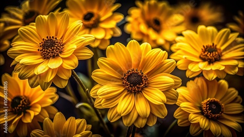 Low Light Photography of Vibrant Yellow Flowers with Dark Centers, Stunning Floral Arrangement, Nature Beauty, Artistic Floral Composition, Macro Shot of Unique Blooms