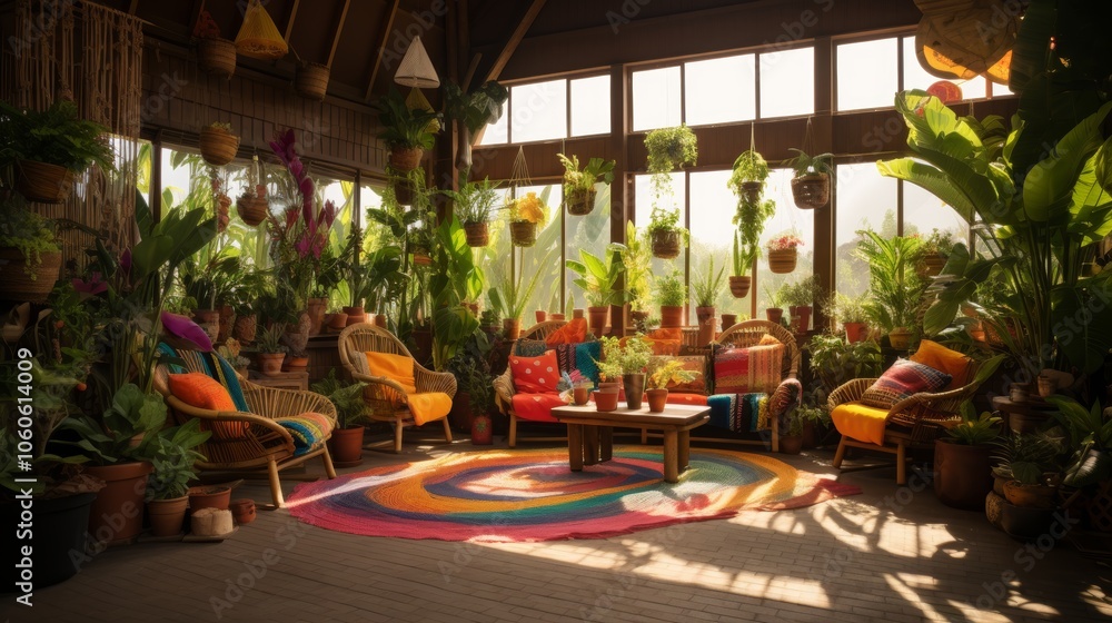 Eclectic boho chic living room featuring vibrant textiles, unique furniture, and lush indoor plants Eclectic boho chic living room featuring vibrant textiles, unique furniture, and lush indoor plants
