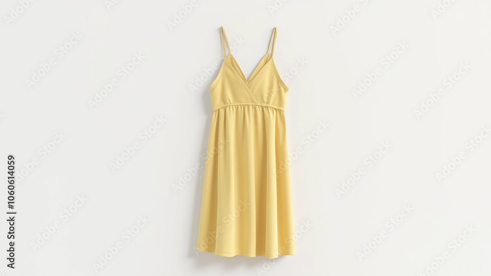 Yellow dress hanging on plain white wall.
Yellow dress hanging on plain white wall.
