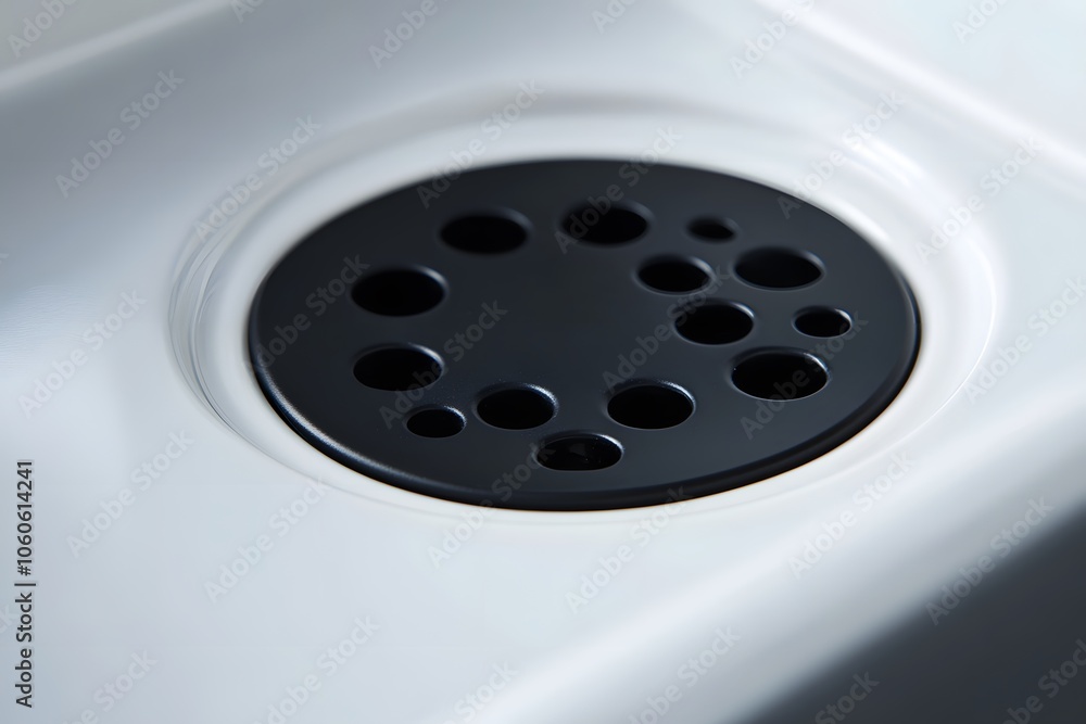 Lifestyle photo showing a close-up angle of a white sink with black drain cover, smooth surface for a modern feel, 4k resolution Lifestyle photo showing a close-up angle of a white sink with black drain cover, smooth surface for a modern feel, 4k resolution