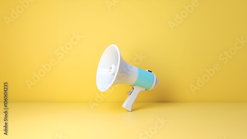 Blue megaphone on yellow background. Discount and sale