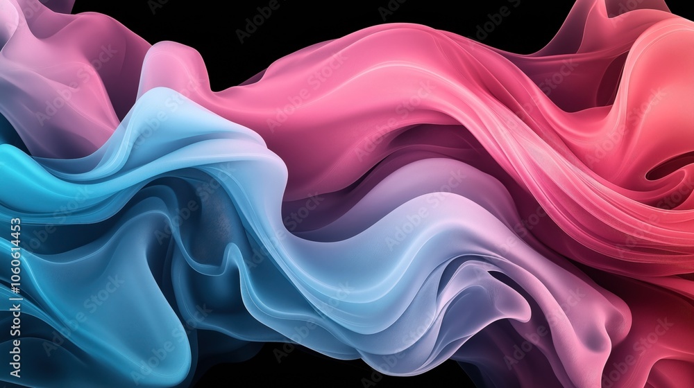 Obraz premium Abstract image of flowing, colorful fabric-like waves in blue, pink, and purple hues against a black background, resembling fluid motion or wisps of ethereal smoke.