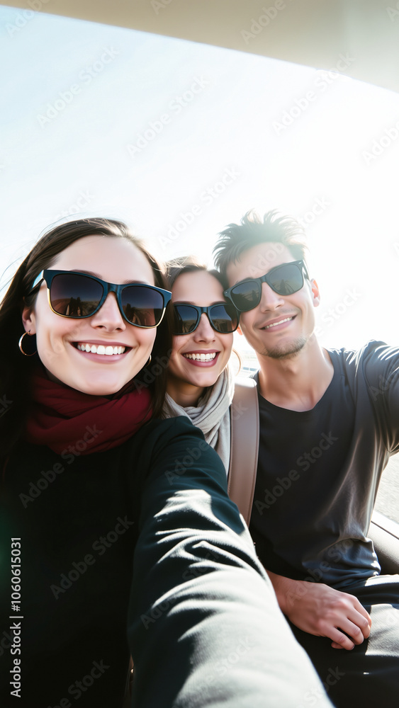 three friends take a selfie on a sunny day.