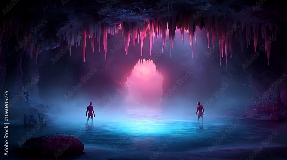 Fototapeta premium Mysterious figures wander through ethereal cave waters under vibrant light reflections
