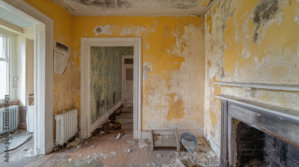 An abandoned room with peeling yellow walls and a neglected fireplace. An abandoned room with peeling yellow walls and a neglected fireplace.