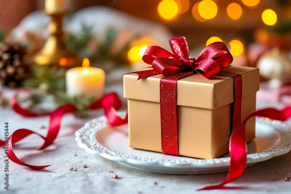 gift box with a red ribbon on a white plate gift box with a red ribbon on a white plate