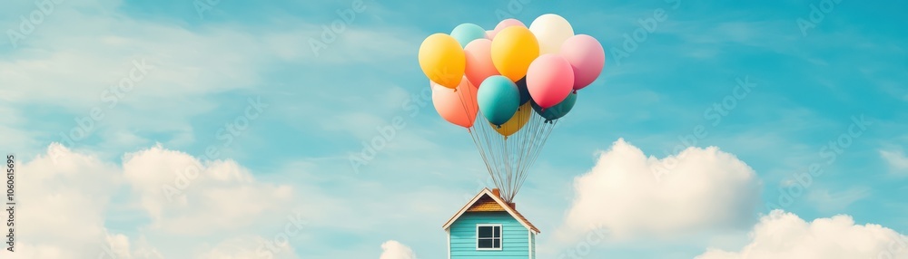 A whimsical house lifted by colorful balloons, floating against a bright blue sky with fluffy clouds, symbolizing dreams and adventure. A whimsical house lifted by colorful balloons, floating against a bright blue sky with fluffy clouds, symbolizing dreams and adventure.